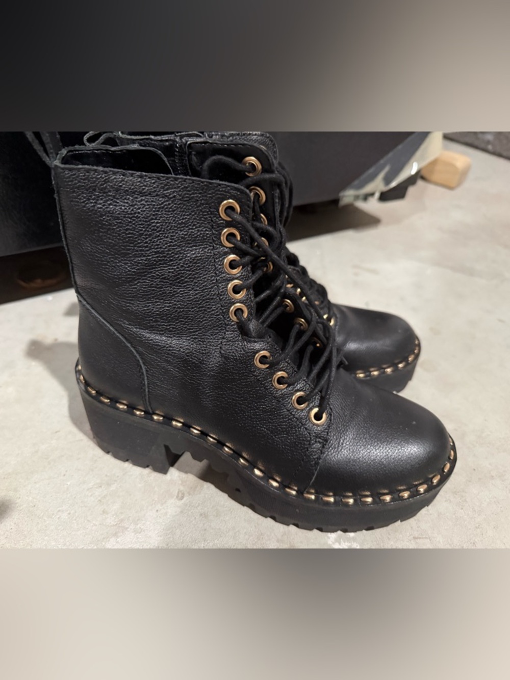 Chelsea & Violet Black Leather Lace-Up Combat Boots with Gold Eyelets